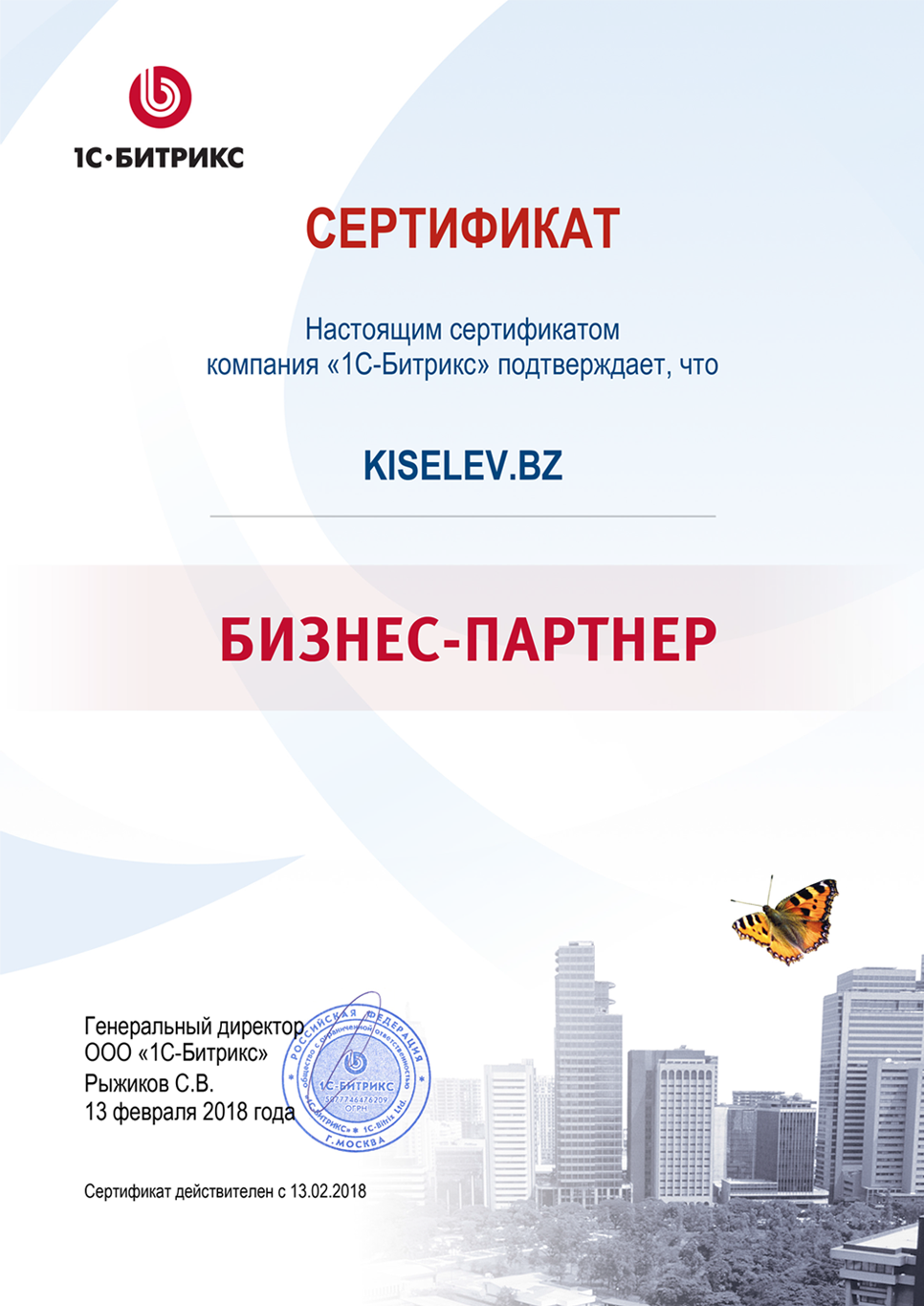 Сертификат партнёра по СРМ системам в Бавлах
